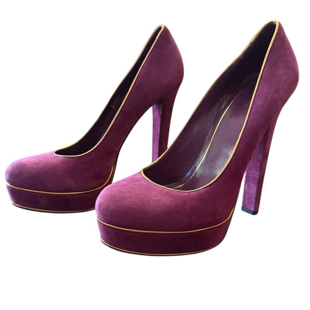 Gucci Purple Gold Trim Glam Suede Platform Stiletto Heel Pumps EU 38.5 US 8.5
